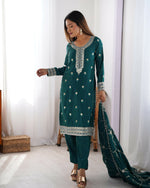 Thumbnail for Joban Fashion Green Kurta set with Pant Chinon silk Thread with Sequins work