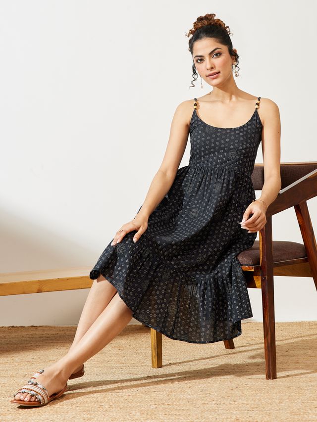 Janasya Navy Blue A-Line Cotton Dress - Dista