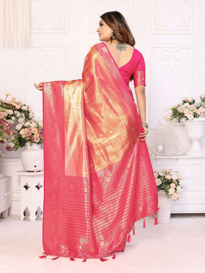 Aastha Fashion Pink Tissue Silk Weaving Saree - Distacart