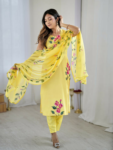 The52 Floral Women's Crepe Fabric Straight Kurta,Pant and Dupatta Set-Yellow - Dista