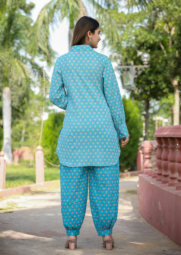 Kaajh Women's Sky Blue Printed Cotton Kurta Pant Set - Distacart