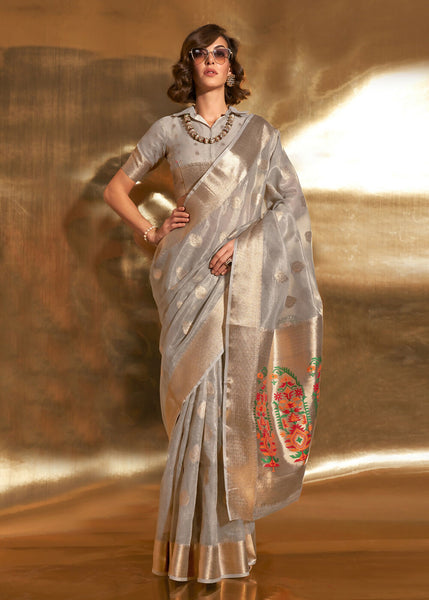 Grey Handwoven Tissue Fabric Festive & Party Style Saree - Emponline - Distacart