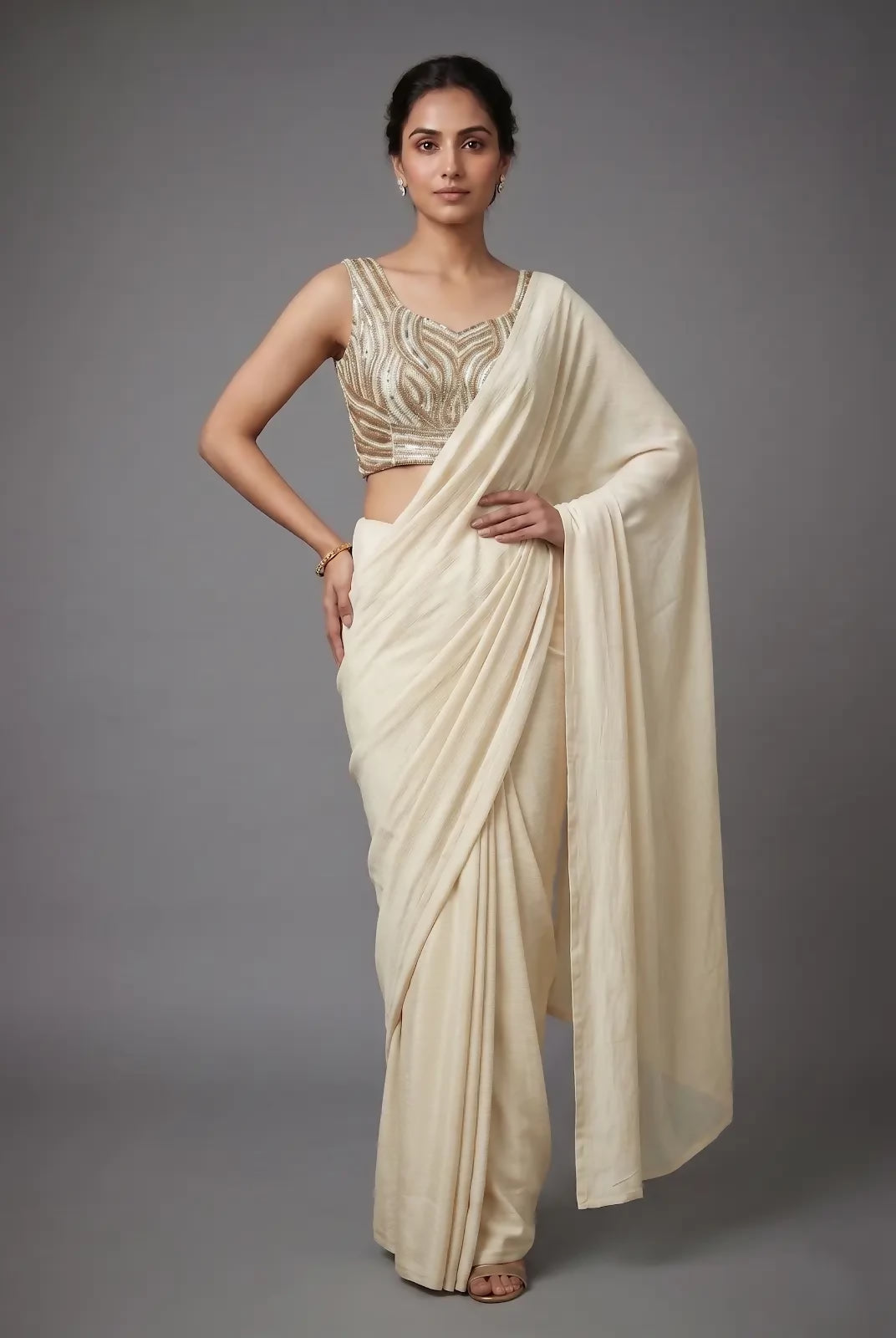 Creative Kendra Cream Beads Work Shiny Georgette Partywear Saree With Full Of Beads Work Blouse Fabric