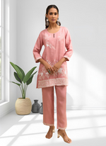 Thumbnail for Joban Fashion Pink Linen Embroidered Readymade Cord Set - Distacart