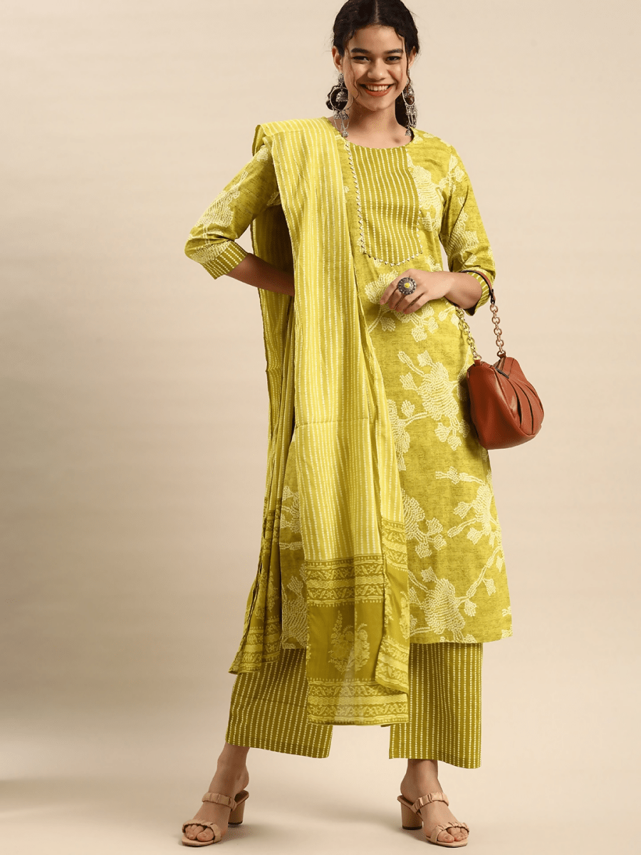 Anouk Women Lime Green Pure Cotton Printed Gotta Patti Kurta with Palazzos & Dupatta - Distacart