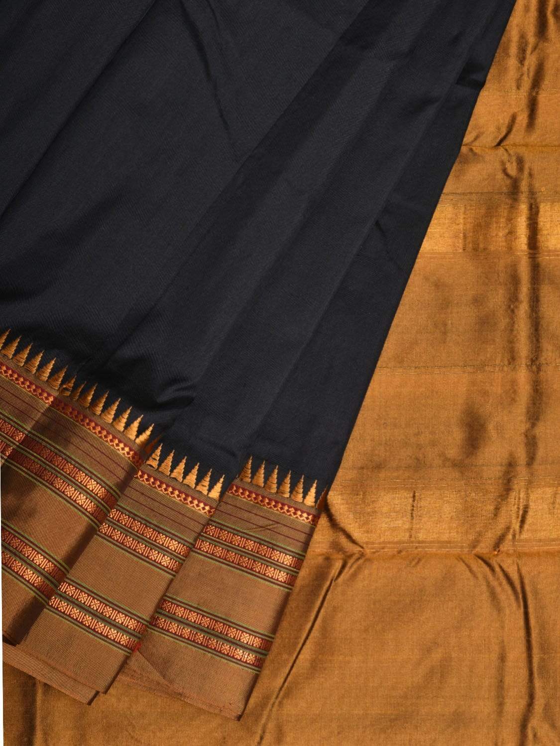 Black and Mustard Narayanpet Silk Handloom Plain Saree with Traditional Border Design No Blouse - Global Threads - Distacart