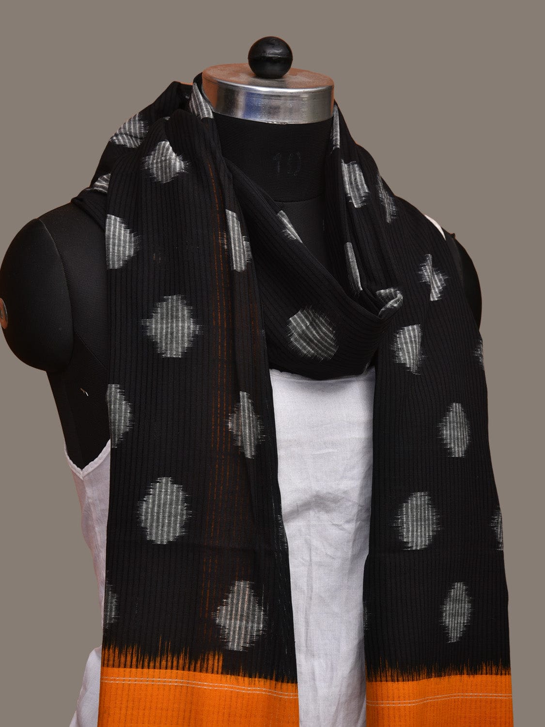 Black and Orange Pochampally Ikat Cotton Handloom Dupatta with Polka Dots Design - Global Threads - Distacart