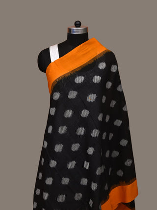 Black and Orange Pochampally Ikat Cotton Handloom Dupatta with Polka Dots Design - Global Threads - Distacart