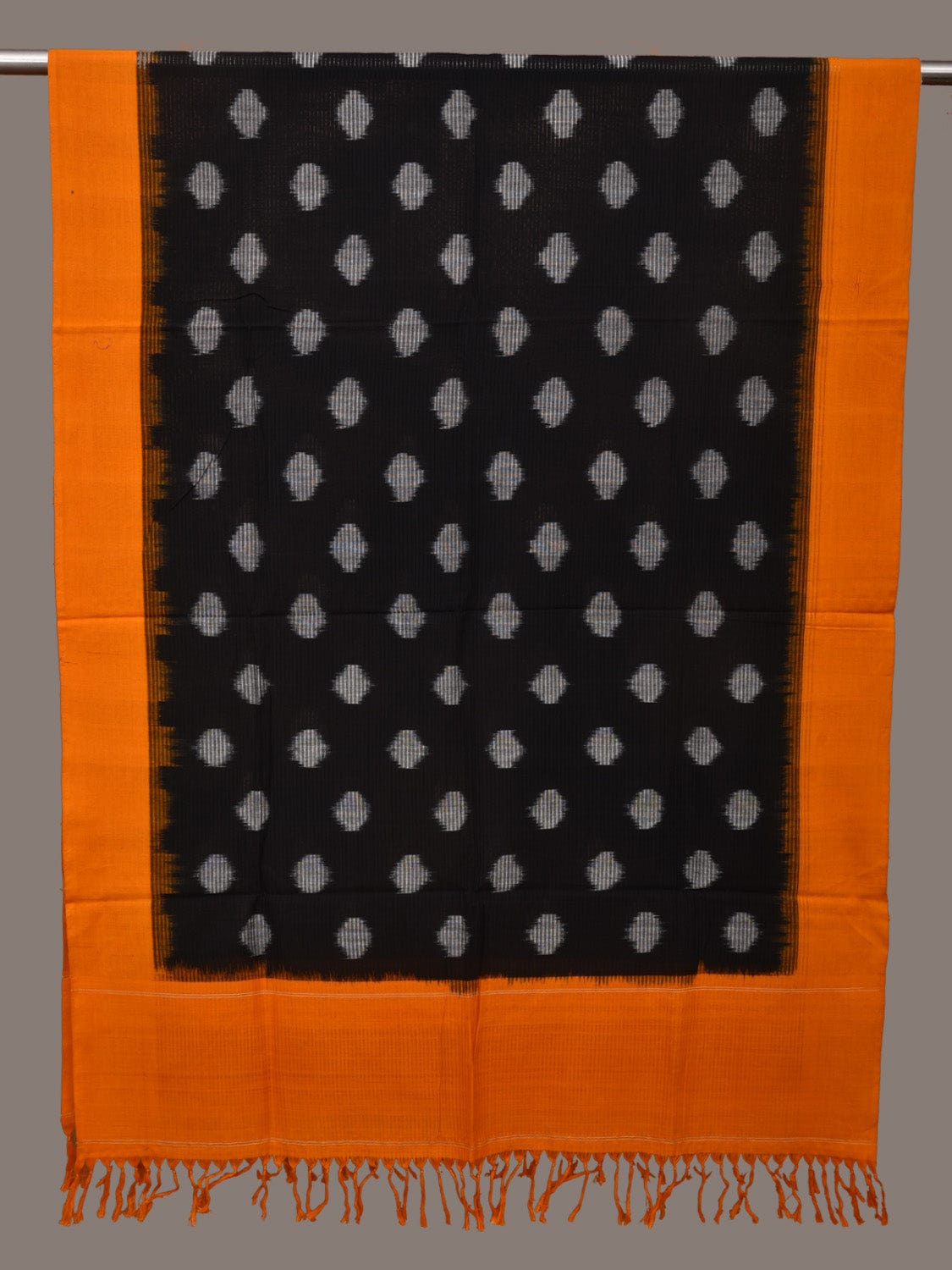 Black and Orange Pochampally Ikat Cotton Handloom Dupatta with Polka Dots Design - Global Threads - Distacart