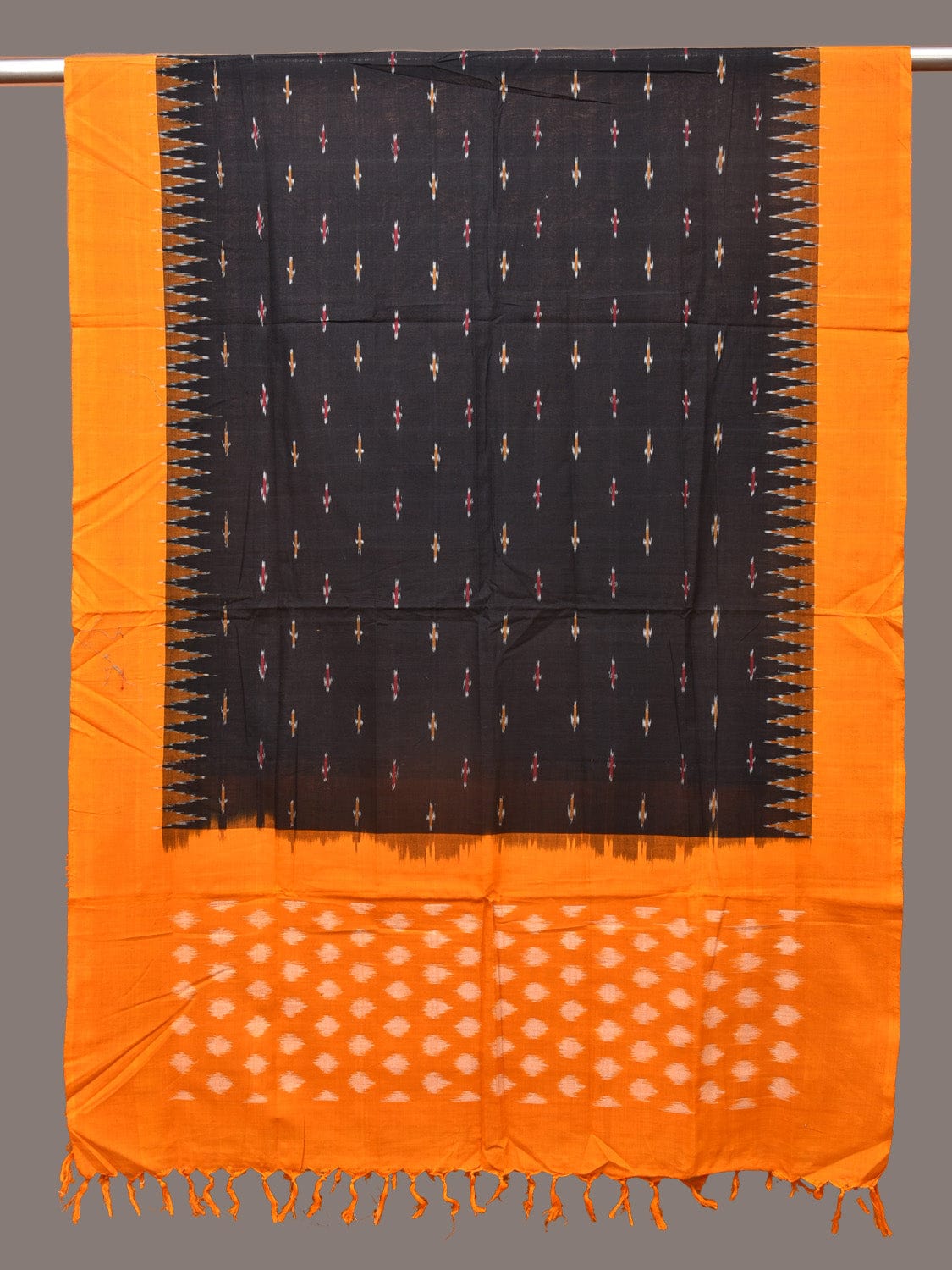 Black and Orange Pochampally Ikat Cotton Handloom Dupatta with Temple Border Design - Global Threads - Distacart