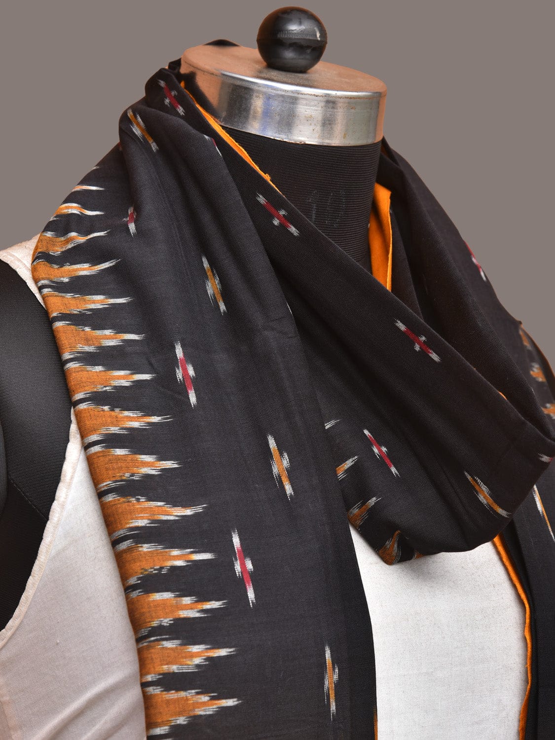 Black and Orange Pochampally Ikat Cotton Handloom Dupatta with Temple Border Design - Global Threads - Distacart