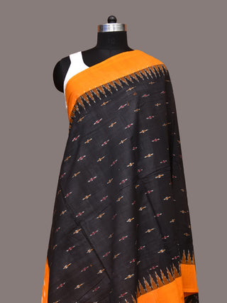 Black and Orange Pochampally Ikat Cotton Handloom Dupatta with Temple Border Design - Global Threads - Distacart