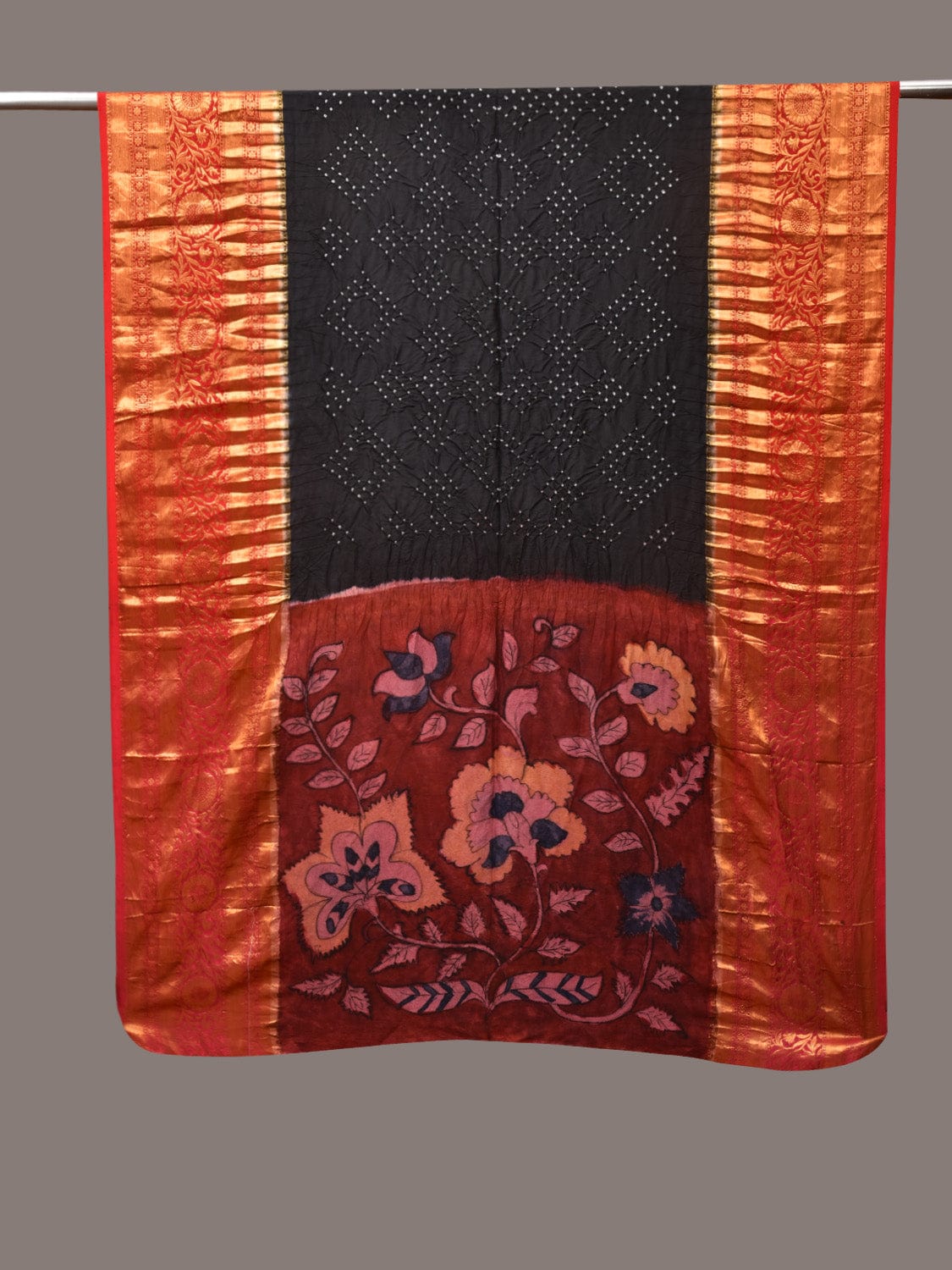 Black and Red Bandhani Kanchipuram Silk Handloom Dupatta with Kalamkari Design - Global Threads - Distacart