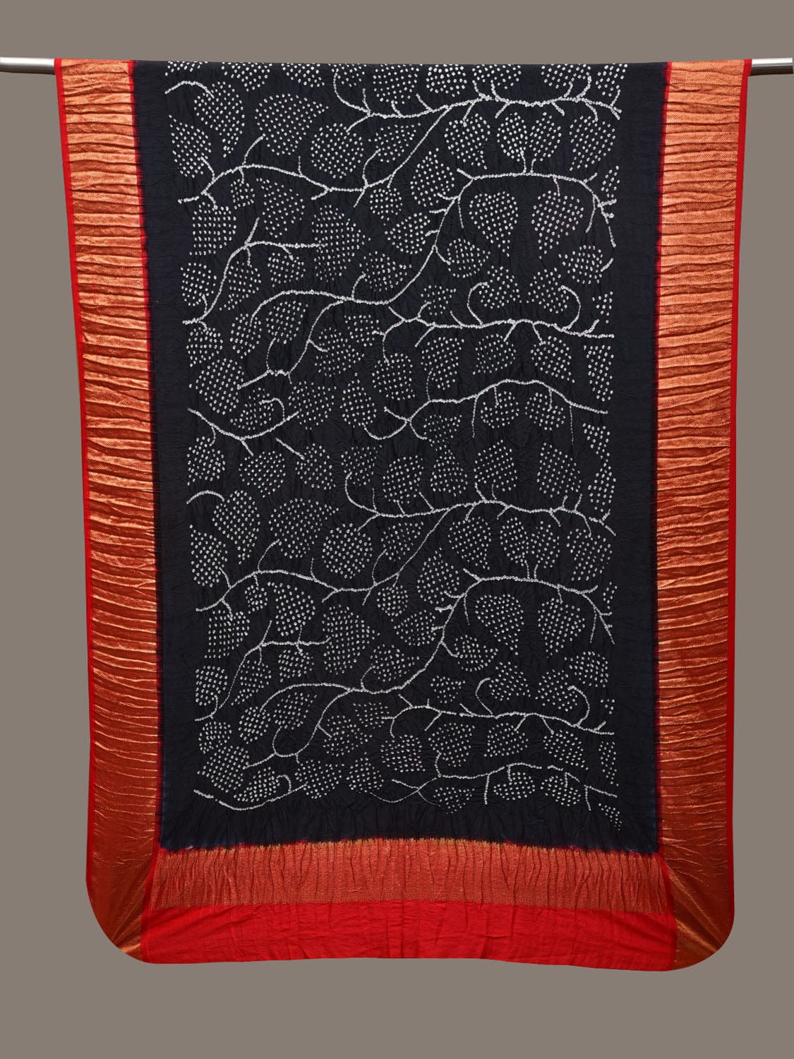 Black and Red Bandhani Kanchipuram Silk Handloom Dupatta with Leaves Design - Global Threads - Distacart