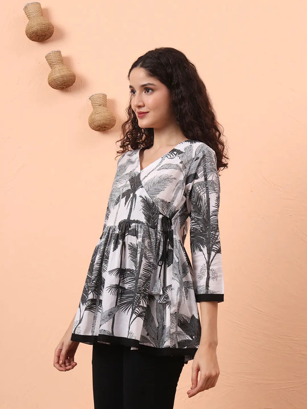 Yufta Black And White Cotton Gathered Or Pleated Angrakha Top