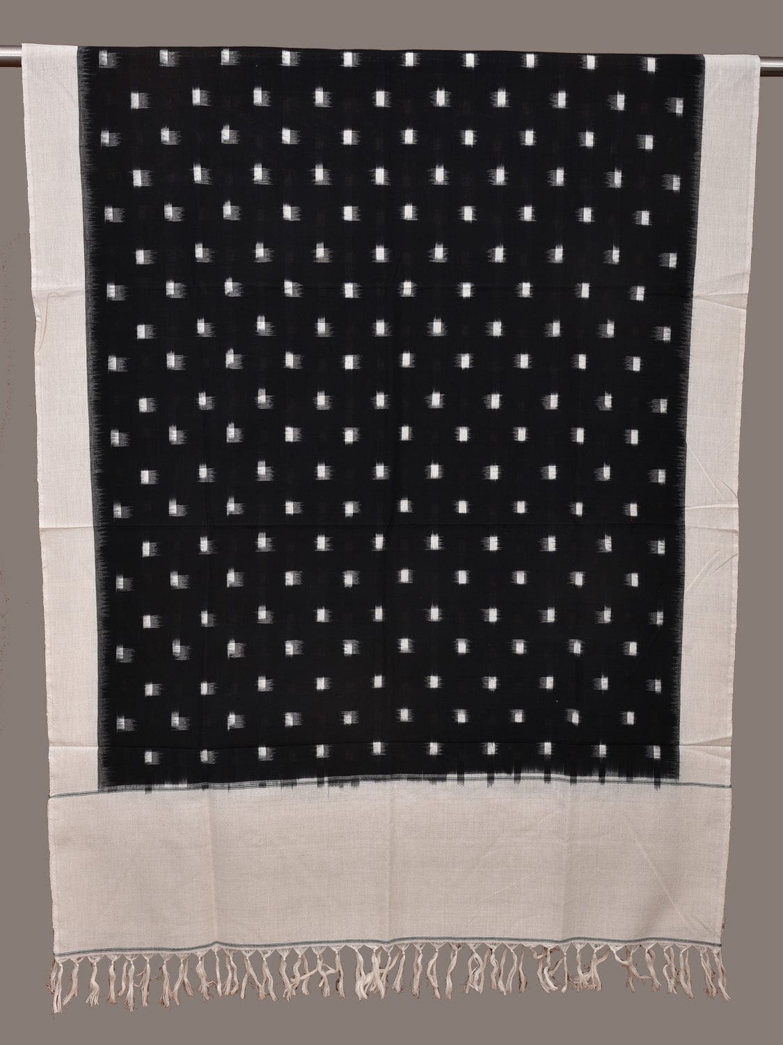 Black and White Pochampally Ikat Cotton Handloom Dupatta with Dots Design - Global Threads - Distacart