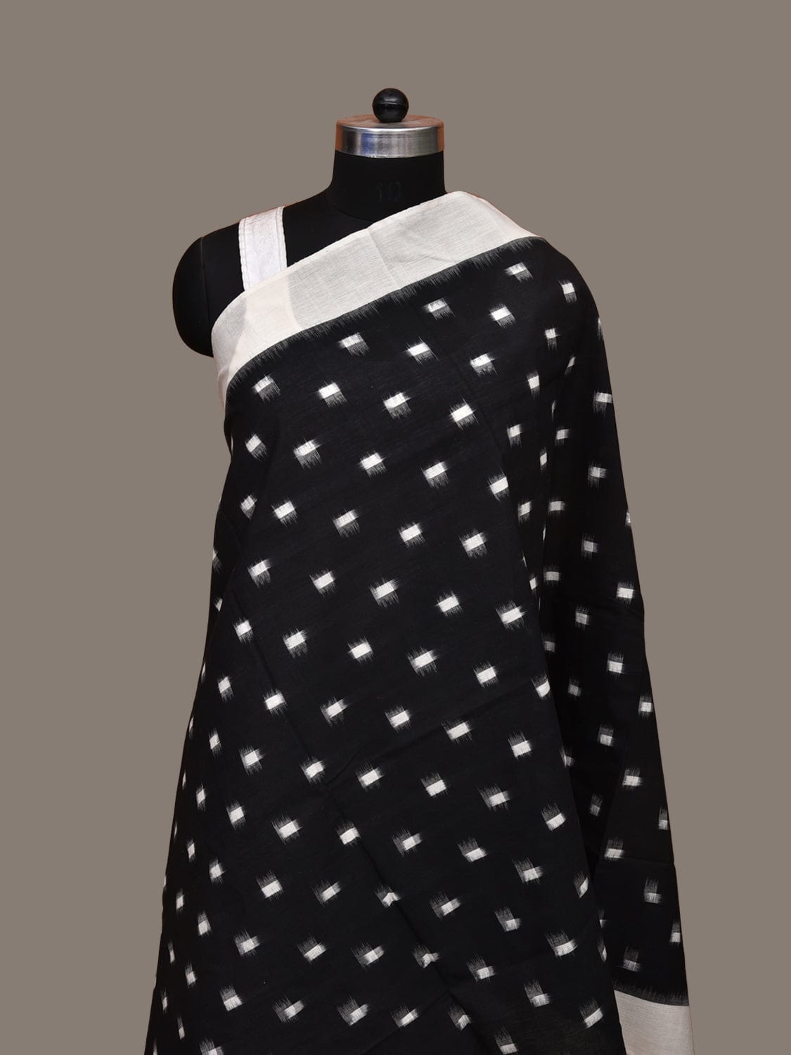 Black and White Pochampally Ikat Cotton Handloom Dupatta with Dots Design - Global Threads - Distacart