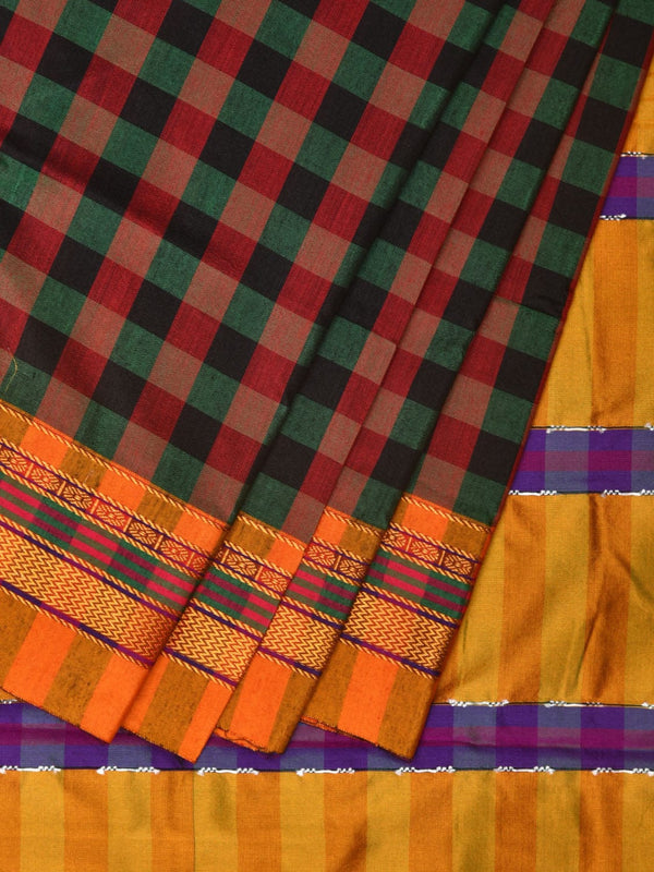 Black and Yellow ilkal Cotton Saree with Checks Design No Blouse - Global Threads - Distacart