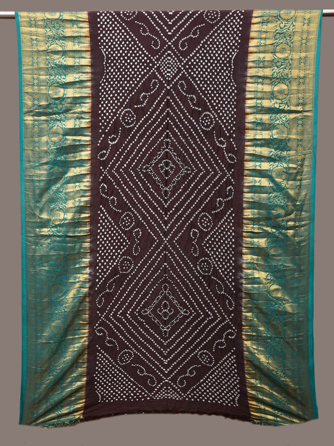 Black Bandhani Kanchipuram Silk Handloom Dupatta with Border Design - Global Threads - Distacart