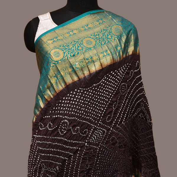 Black Bandhani Kanchipuram Silk Handloom Dupatta with Border Design - Global Threads - Distacart