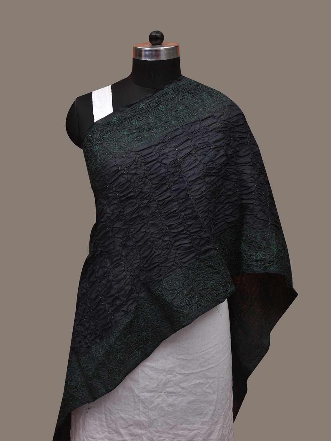 Black Bandhani Tussar Stole with Embroidary Work Design - Global Threads - Distacart