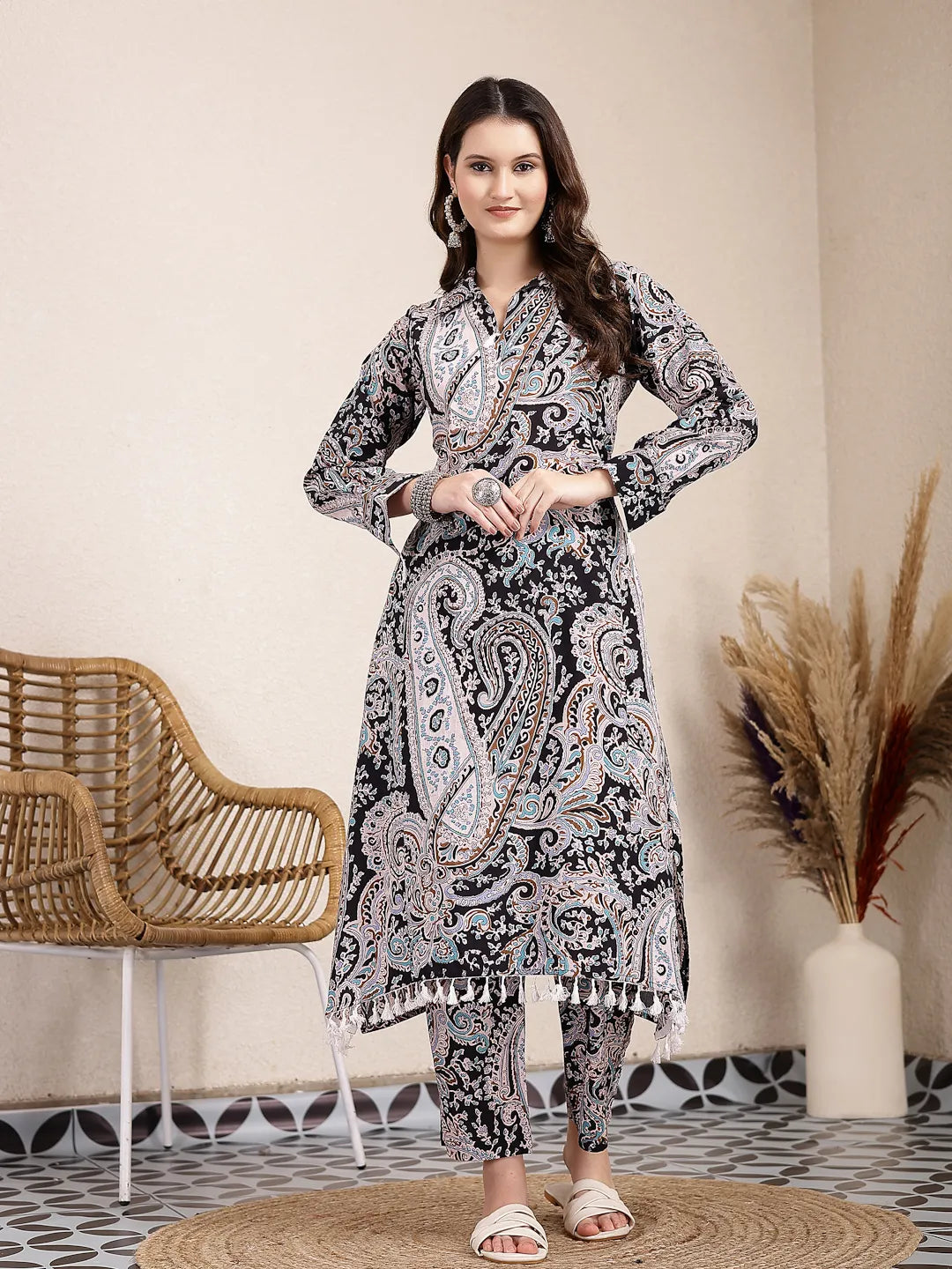 Yufta Black Boho Print Pure Cotton Co-Ord Set - Distacart