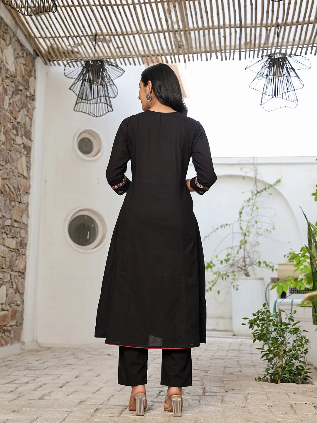 Yufta Black Cotton A Line Gathered Or Pleated Kurta Dupatta Set