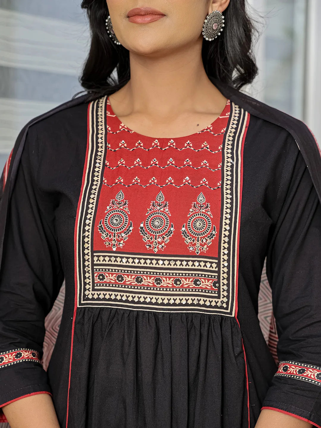 Yufta Black Cotton A Line Gathered Or Pleated Kurta Dupatta Set
