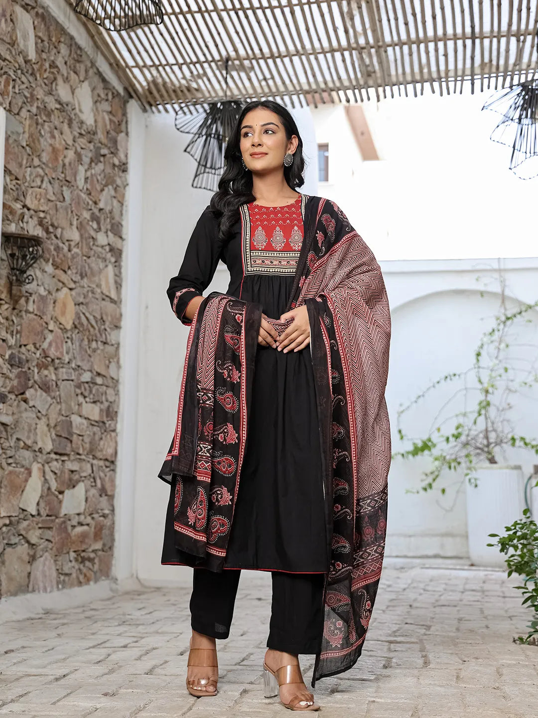 Yufta Black Cotton A Line Gathered Or Pleated Kurta Dupatta Set - Distacart