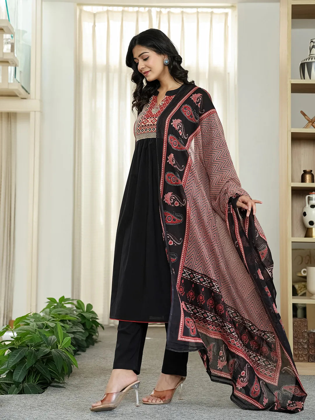 Yufta Black Cotton A Line Mandarin Collar Gathered Kurta Dupatta Set - Distacart
