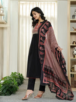 Thumbnail for Yufta Black Cotton A Line Mandarin Collar Gathered Kurta Dupatta Set