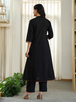 Thumbnail for Yufta Black Cotton A Line Mandarin Collar Gathered Kurta Dupatta Set