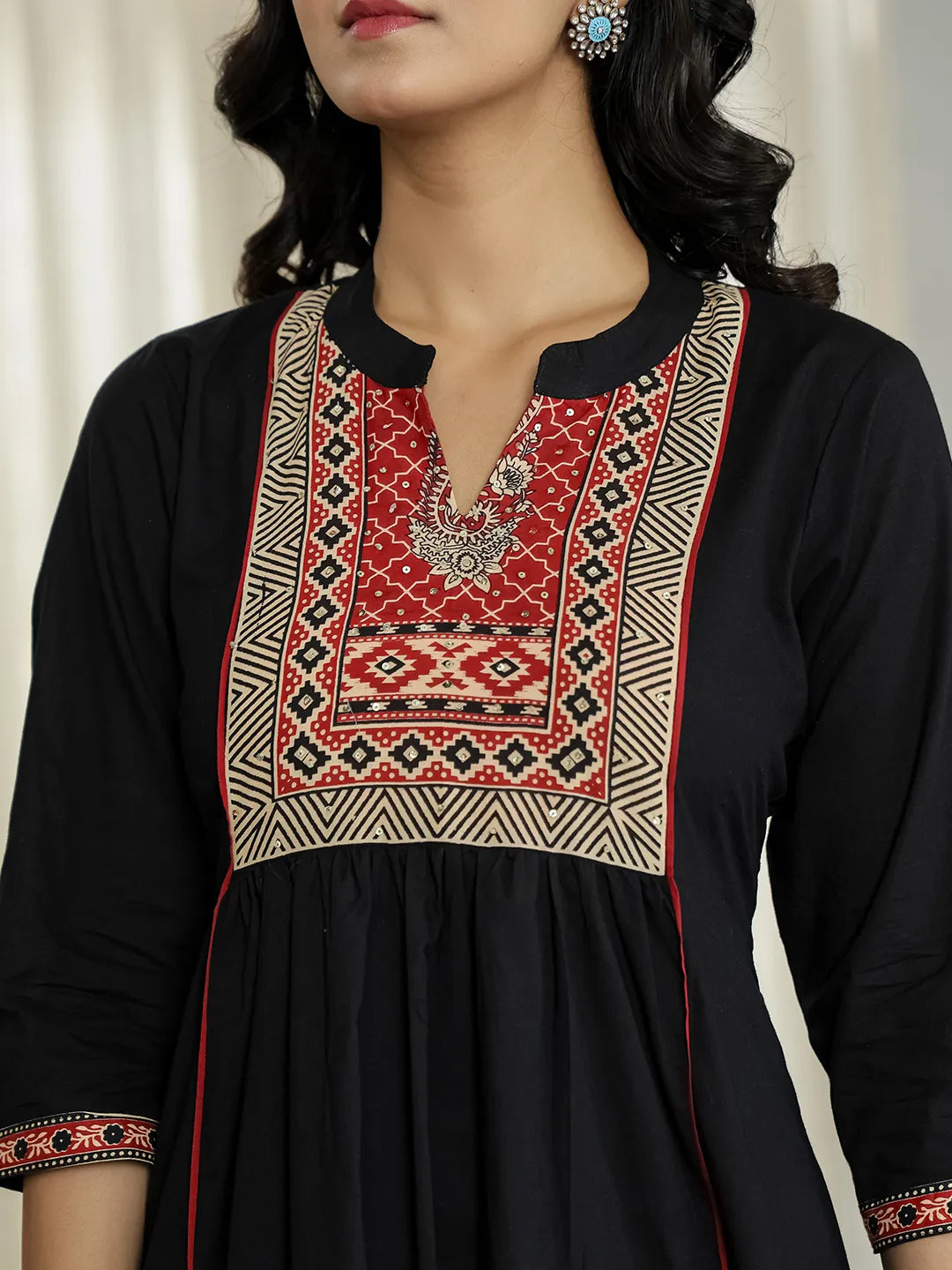Yufta Black Cotton A Line Mandarin Collar Gathered Kurta Dupatta Set
