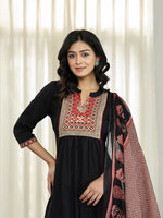 Thumbnail for Yufta Black Cotton A Line Mandarin Collar Gathered Kurta Dupatta Set