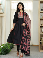Thumbnail for Yufta Black Cotton A Line Mandarin Collar Gathered Kurta Dupatta Set
