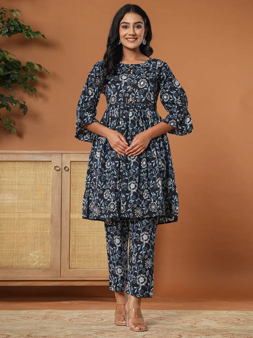 Yufta Black Cotton Maternity Peplum Kurta Pants Set - Distacart