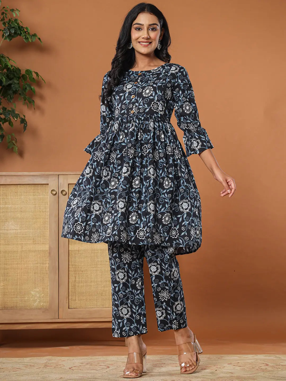Yufta Black Cotton Maternity Peplum Kurta Pants Set - Distacart
