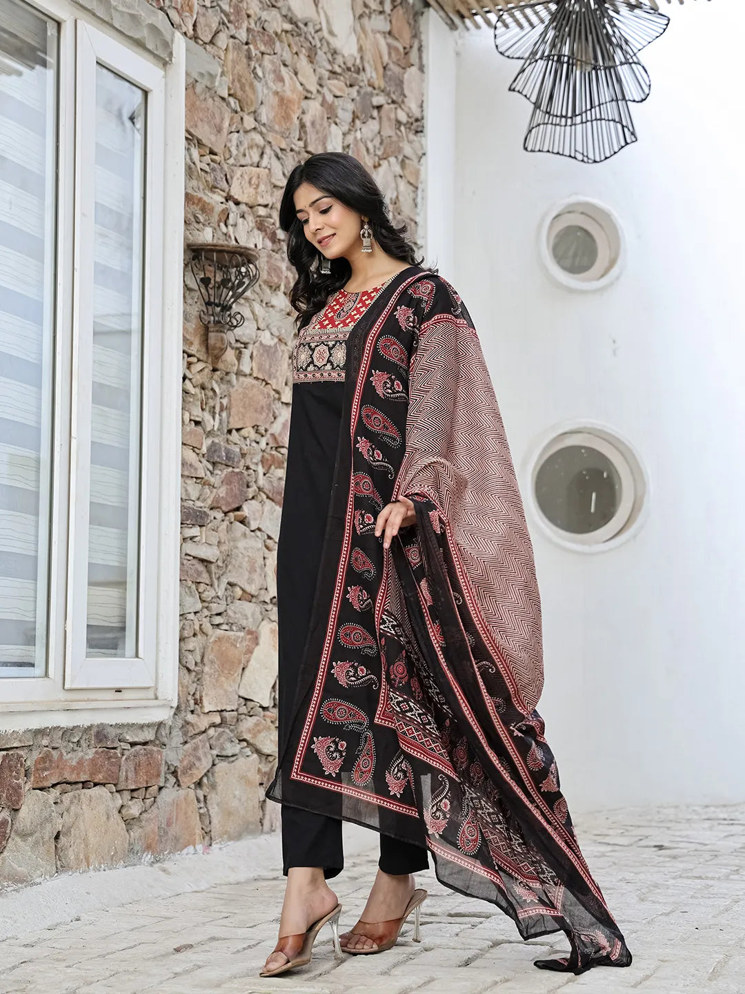Yufta Black Cotton Sequins Work Straight Kurta Set - Distacart