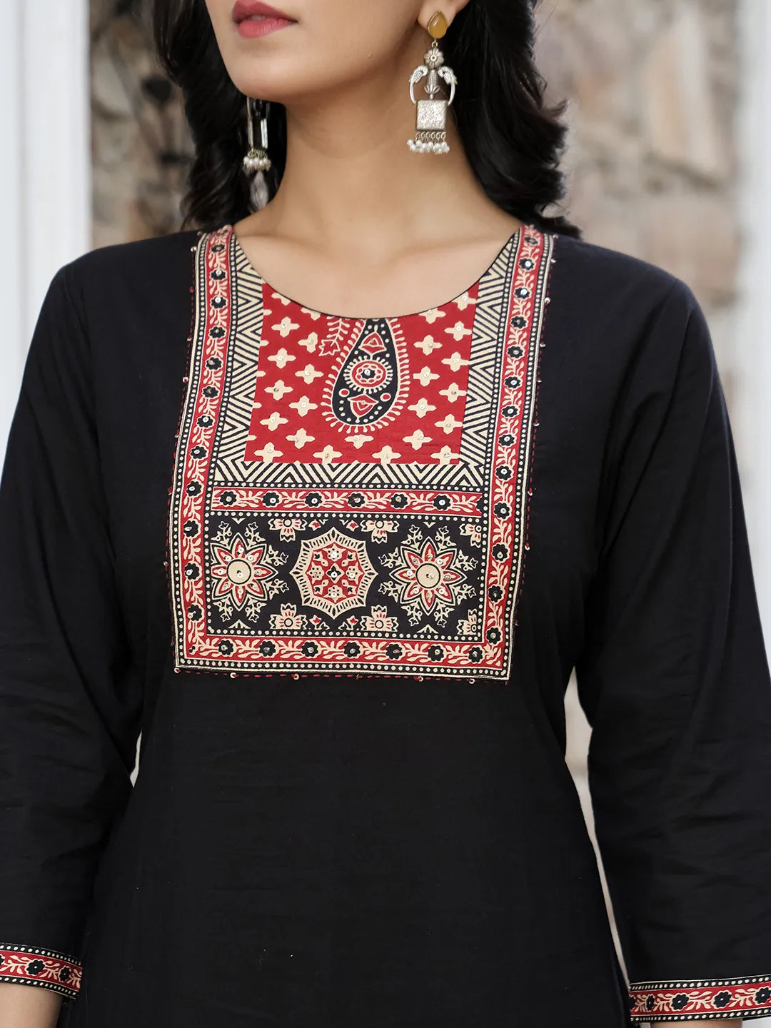 Yufta Black Cotton Sequins Work Straight Kurta Set