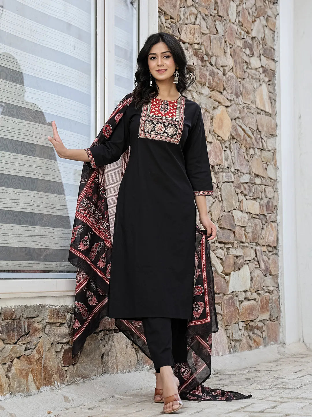 Yufta Black Cotton Sequins Work Straight Kurta Set
