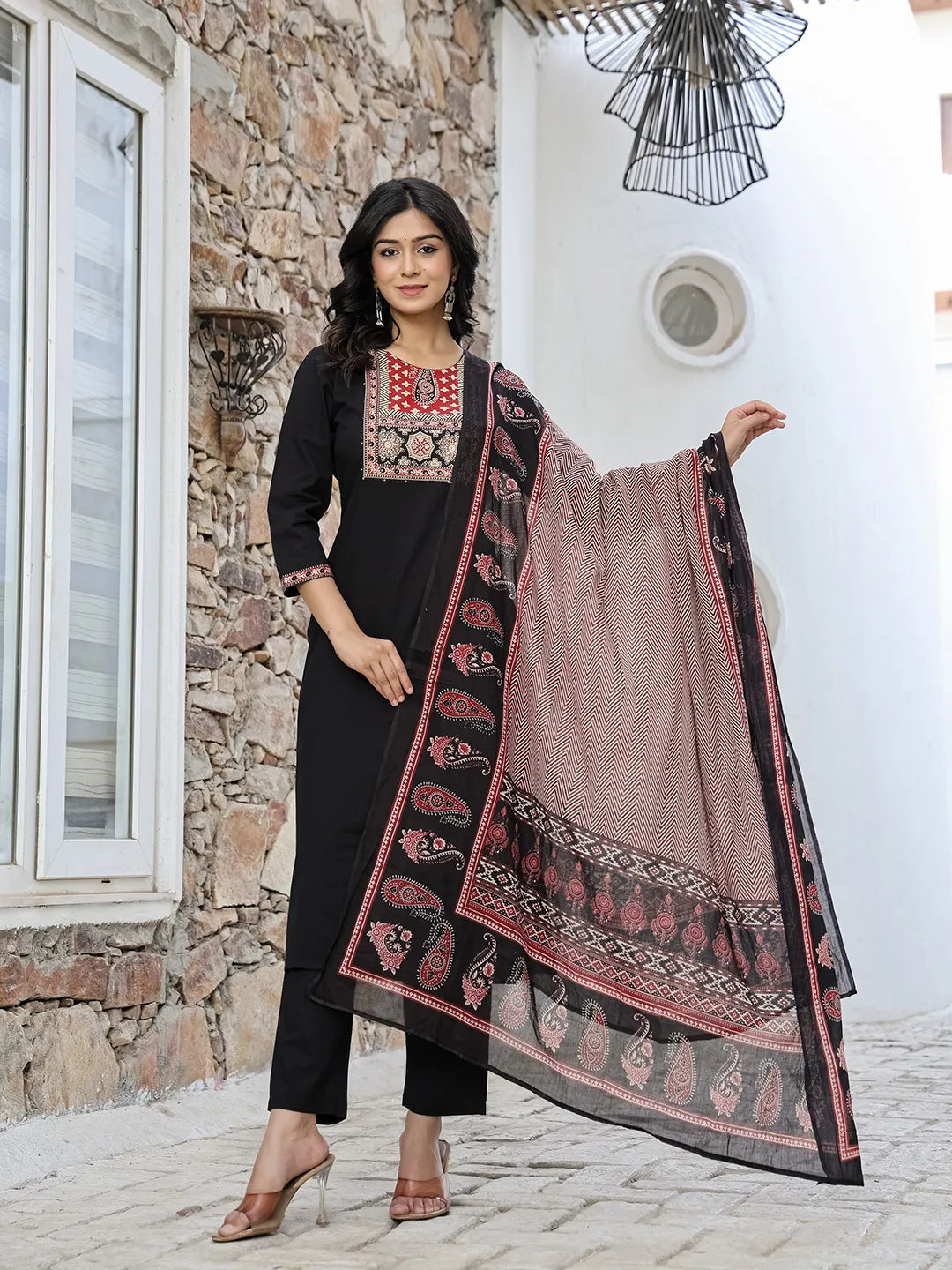 Yufta Black Cotton Sequins Work Straight Kurta Set - Distacart