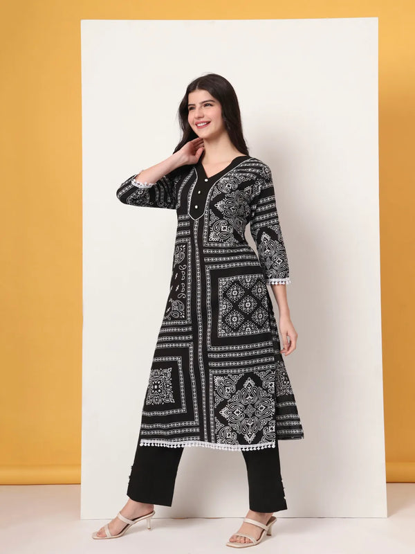 Yufta Black Cotton Straight Kurta Set
