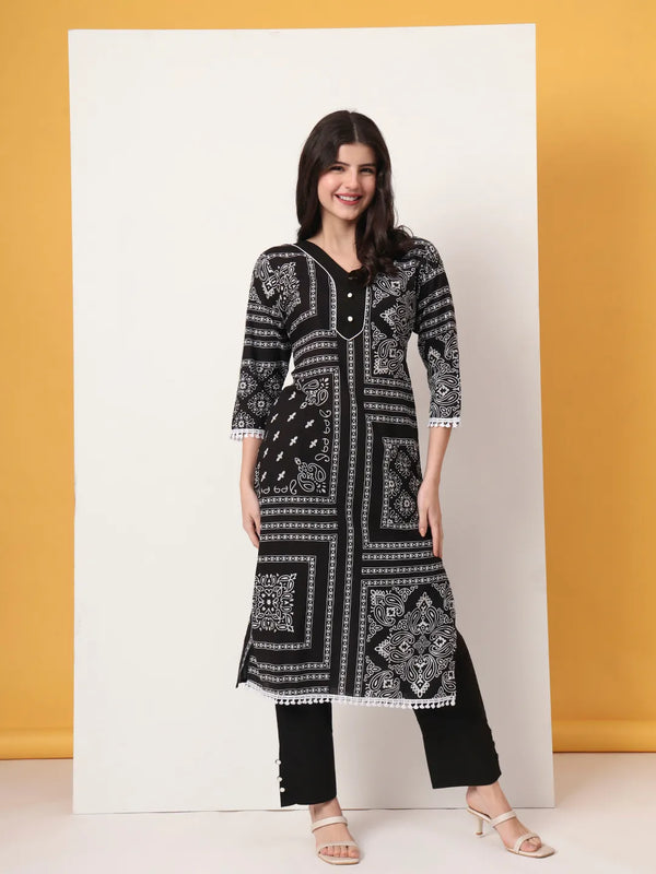 Yufta Black Cotton Straight Kurta Set