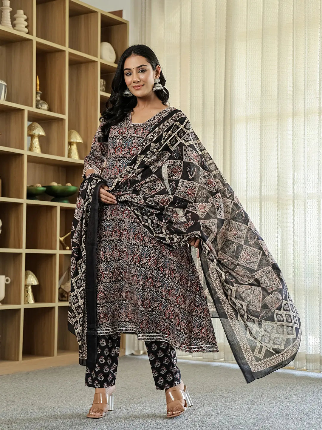 Yufta Black Ethnic Motifs A-Line Kurta Trouser Dupatta Set With Bucket Neck