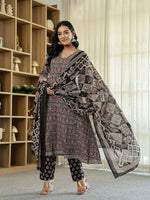 Thumbnail for Yufta Black Ethnic Motifs A-Line Kurta Trouser Dupatta Set With Bucket Neck
