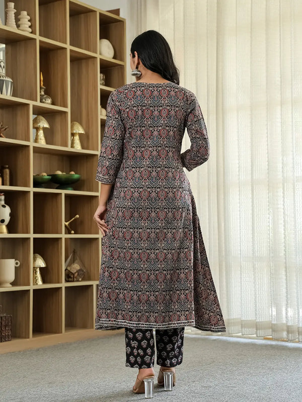 Yufta Black Ethnic Motifs A-Line Kurta Trouser Dupatta Set With Bucket Neck
