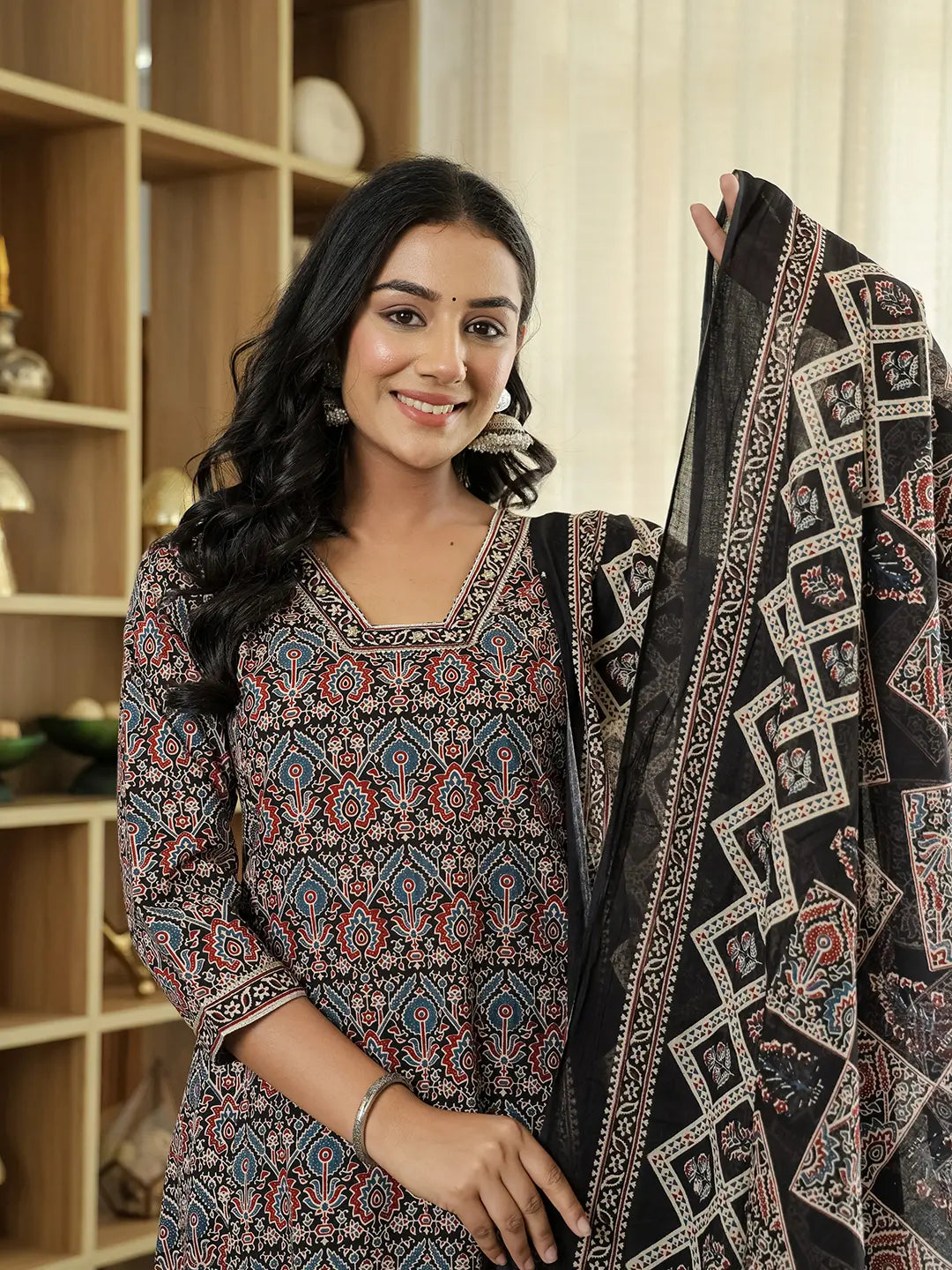 Yufta Black Ethnic Motifs A-Line Kurta Trouser Dupatta Set With Bucket Neck