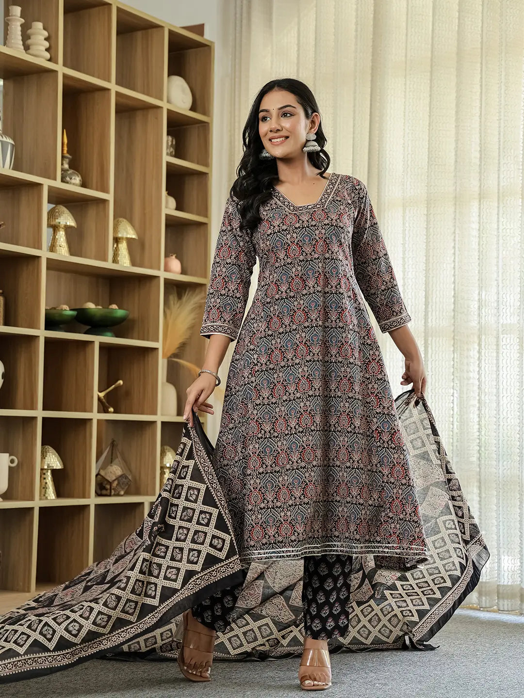 Yufta Black Ethnic Motifs A-Line Kurta Trouser Dupatta Set With Bucket Neck