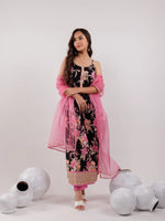 Thumbnail for Yufta Black Floral Print Cotton Fit And Flare Kurta Trouser & Dupatta Set