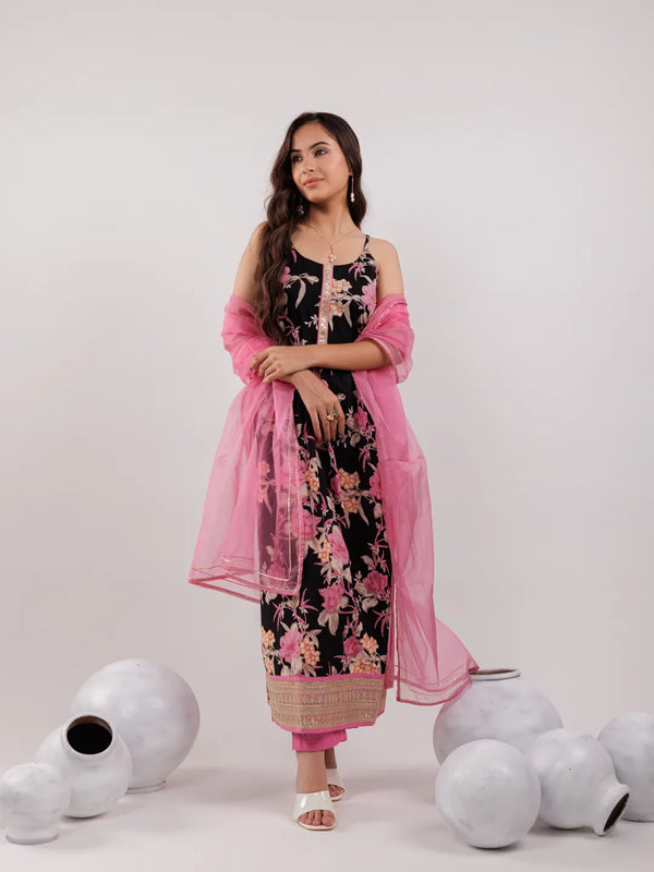 Yufta Black Floral Print Cotton Fit And Flare Kurta Trouser & Dupatta Set
